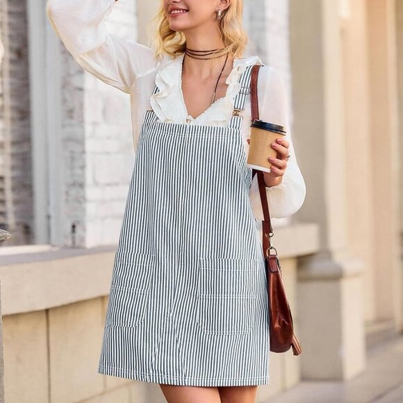 Womens Casual Denim Dress Summer Striped Overalls Romper Adjustable Straps Sleev - Picture 6 of 6